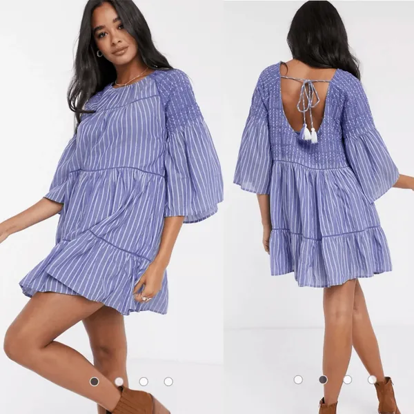 Free People Lola Boho Striped Tiered Dress Chambray Blue Embroidered Lagenlook‎ - Image 2