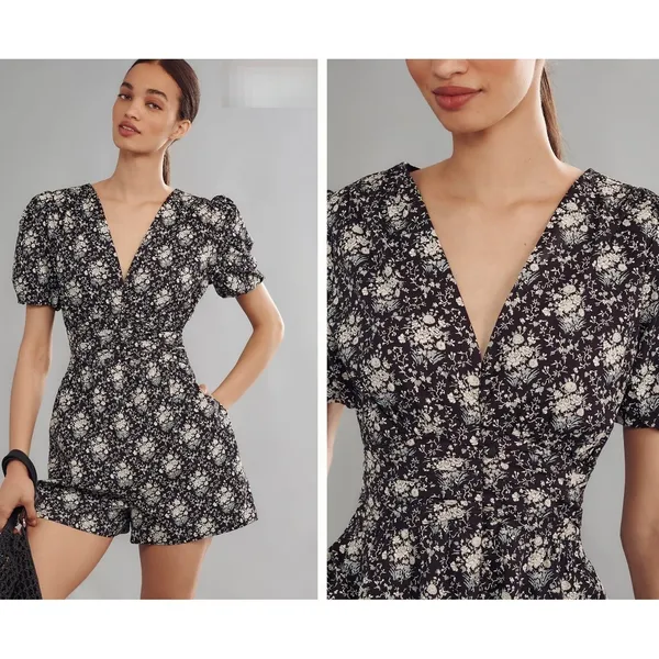 Anthropologie The Katerina Button-Front Romper Size M Black Floral‎ - Image 2