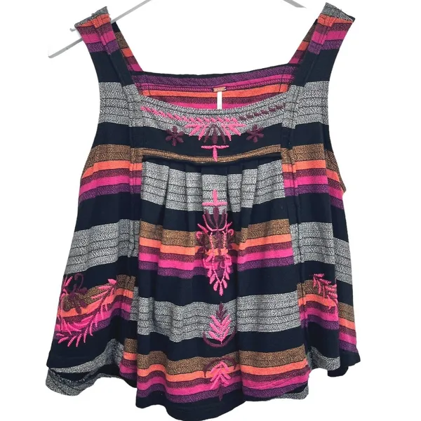 Free People Embroidered Tank Top‎ Open Back Striped Festival Boho Womens S - Image 3