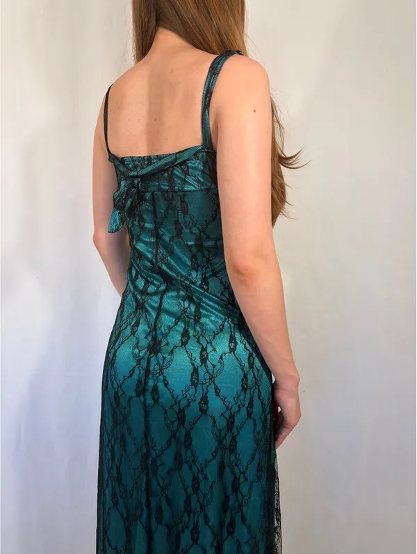 Turquoise Lace Overlay Gothic Maxi V Neck Dress Blue - Image 9