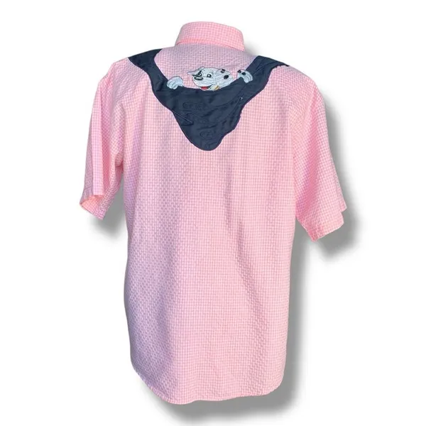 Vintage‎ 80s Embroidered Shirt Pink GinghamTop Plaid Button Up Dalmatian Puppy - Image 7
