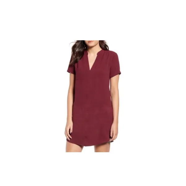 Lulus Shift Dress Women's Size XS Burgundy Rayon Pockets Short Sleeve V Neck - Image 2