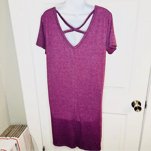 Yelete Criss Cross Back TShirt Dress Swing Athletic VNeck Purple S - Image 6