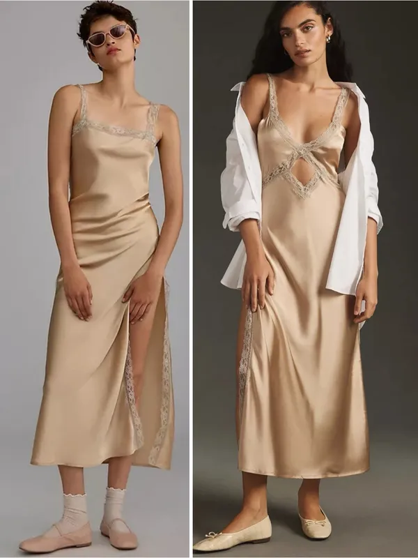 By Anthropologie Reversible Lace-Trimmed Sleep Dress Satin Gold Cutout Sz L 🧡🎀 - Image 2