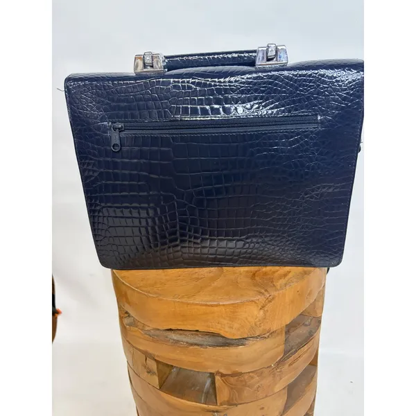 Valerie Barad Vintage Navy Blue Croc Embossed Satchel Crossbody Bag Metal Handle - Image 5