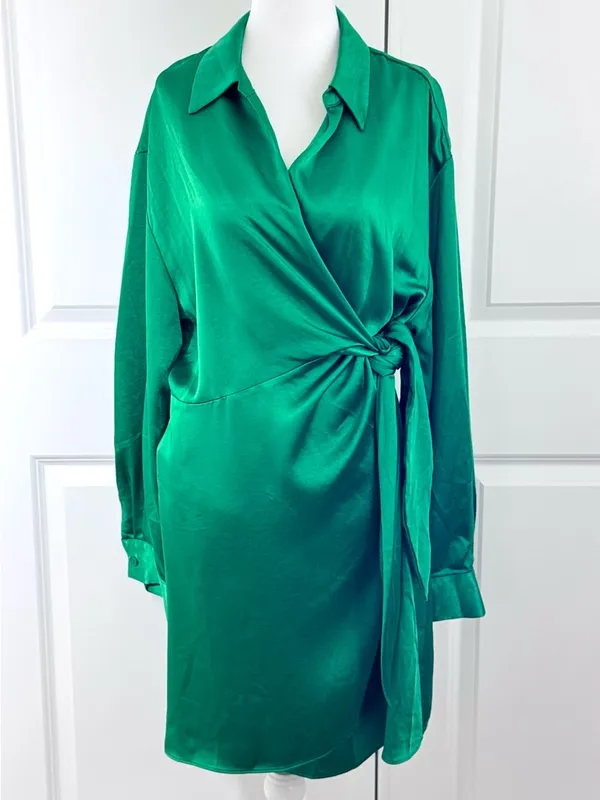 ASTR Satin Wrap Mini Dress Green XL Wedding Guest Cocktail Holiday Party Evening - Image 2