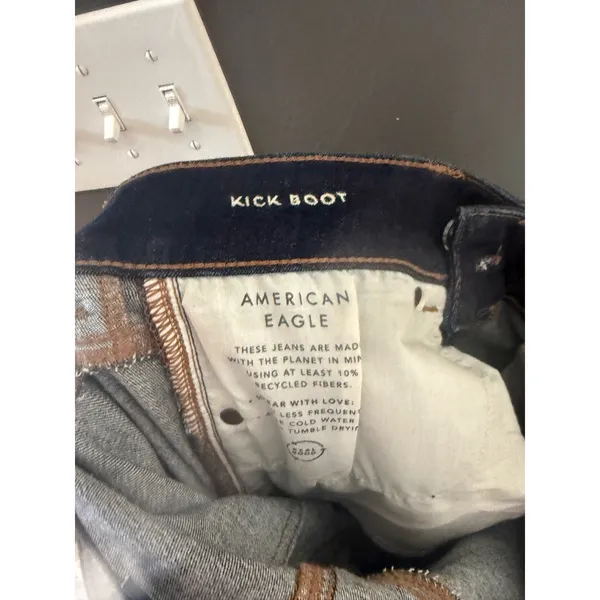 American Eagle Kick Boot Jeans Dark Indigo‎ Wash Double Button Womens 4 Long - Image 7