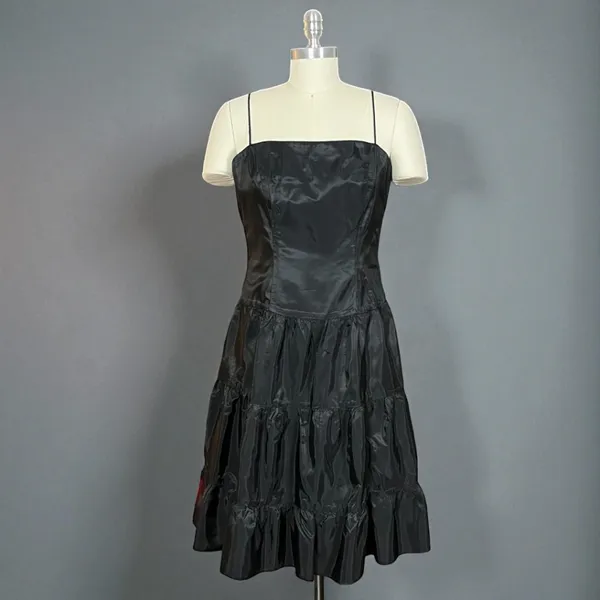 Niki By Niki Livas Vintage 80s Black Spaghetti Strap Crinkle Taffeta Tiered A Line Dress - Image 2