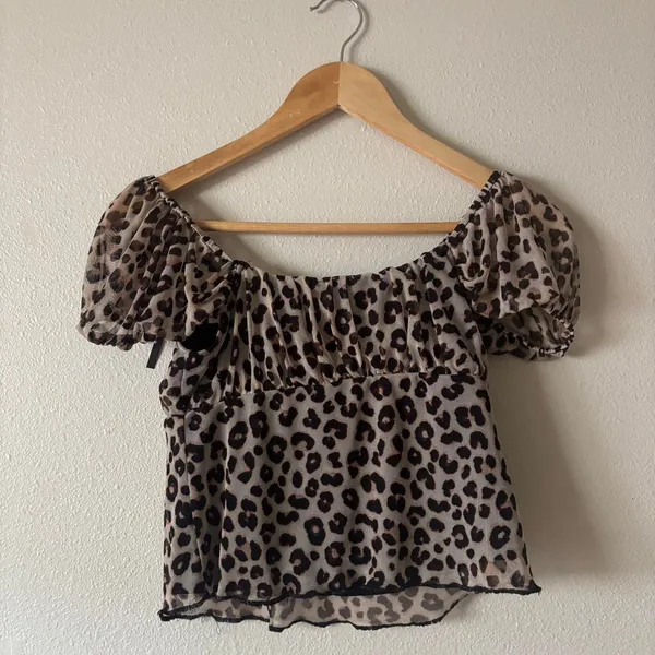 Vibe Sportwear Leopard Print Mesh Sheer Babydol Y2K Puff Sleeve Blouse Medium - Image 6