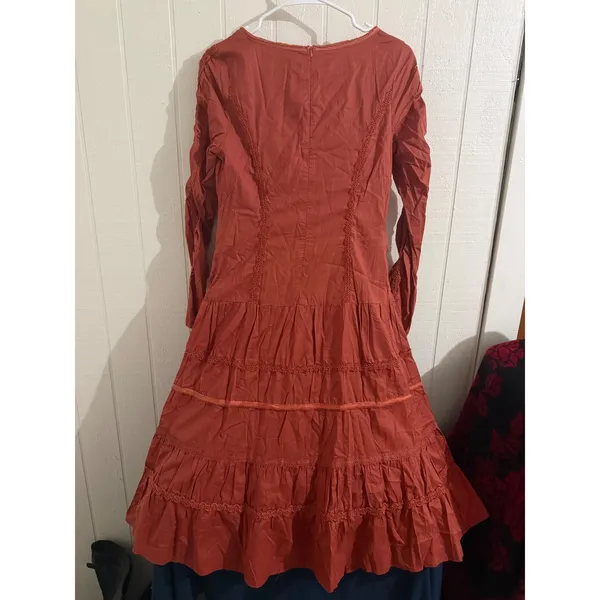 Runway 101 Terracotta Rust Cotton Smocked Tiered Midi Dress Boho Lace Trim M - Image 7