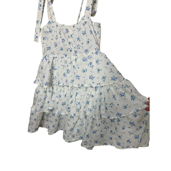 Cider‎ Blue Floral Tiered Mini Dress White Lace Up Corset Tie Shoulder Medium - Image 9