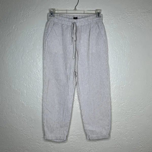 J.Crew Striped Linen-Cotton Blend Drawstring Pants Beige White AY192 Womens 6 - Image 2