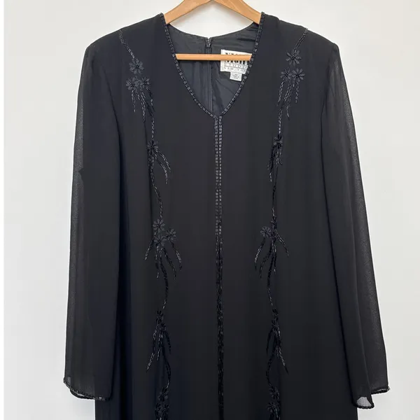 1990s Night Studio black beaded chiffon gown with sheer overlay & sleeves 16 - Image 13