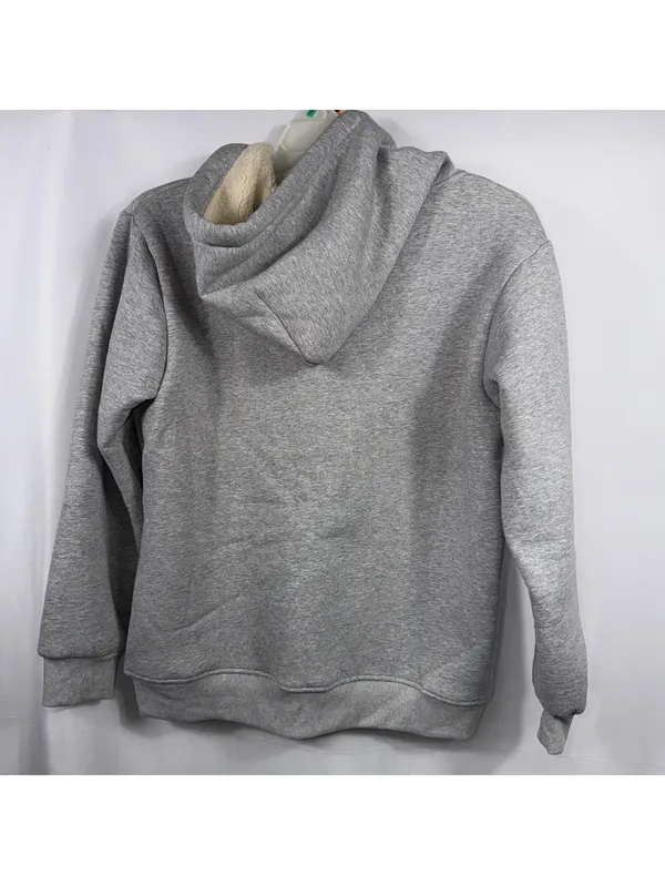 Women’s Gray Sherpa Lined Pullover Hoodie Size M Drawstring Kangaroo Pocket - Image 7