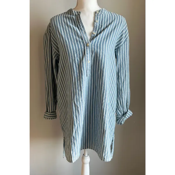 Faherty Blue and White Striped Nautical Tunic Natural Button Up Blouse Size S - Image 3