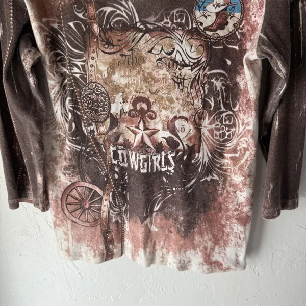 Katina Marie Shirt Large Brown Western Cowgirls‎ Graphic Long Sleeve USA Grunge - Image 3
