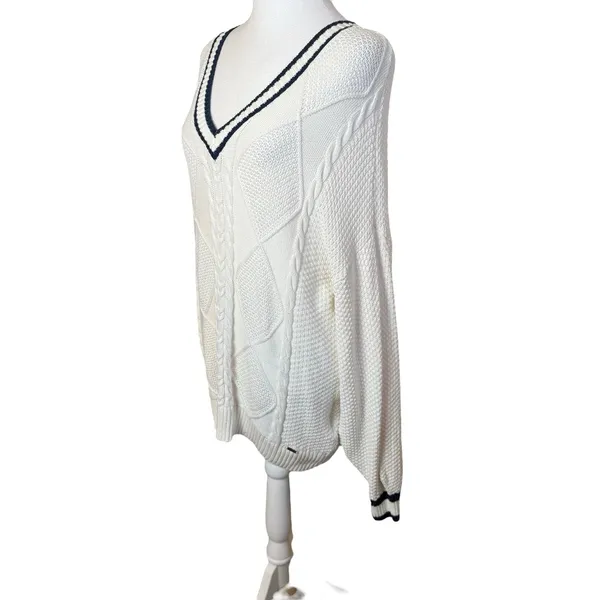 Hollister Preppy V-Neck Cream White Cable Knit Sweater‎ Medium Oversized Tennis - Image 4