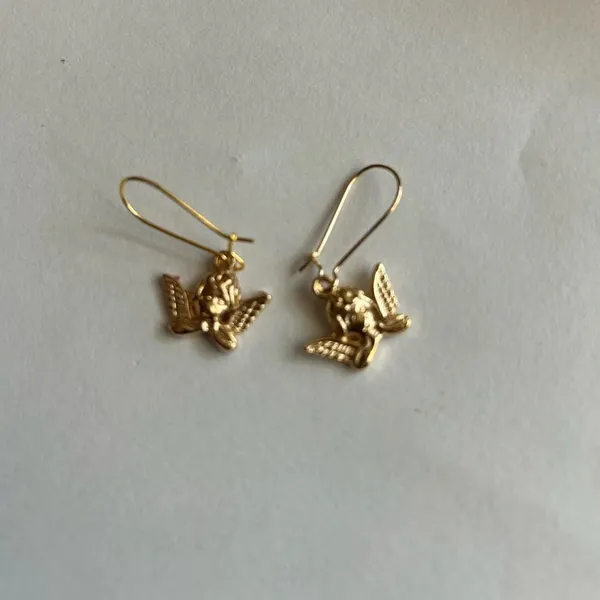 3/$20 Gold Tone Angel Cupid Long Drop Dangling Earrings - Image 2