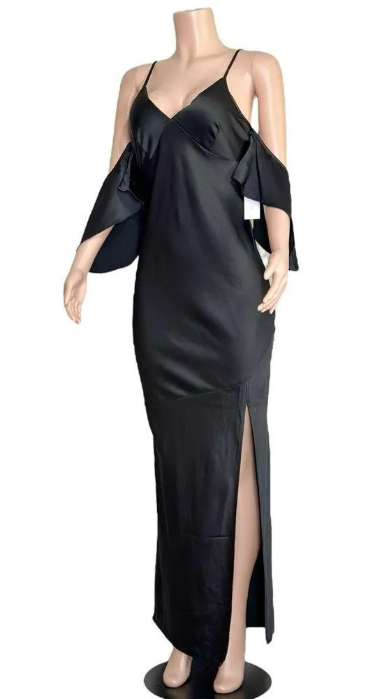 ASTR THE LABEL Kendra Cold Shoulder Satin Maxi Dress, Black, Medium - Image 8