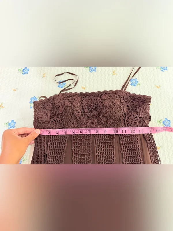 Sue Wong Y2K Chocolate Silk Crochet Panel’s Floral Appliqué Mini Dress Size 6P - Image 6