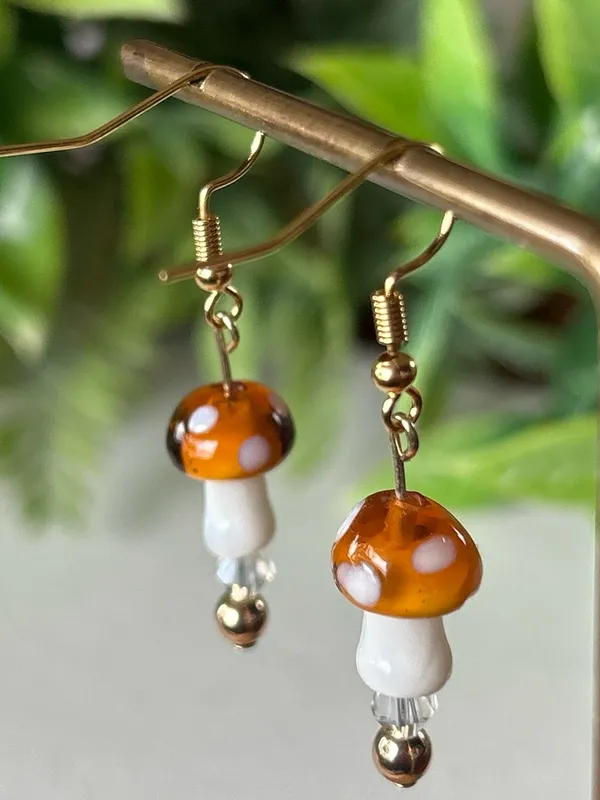 Handmade Orange Mushroom + Hematite Drop Earrings in silver - Image 4