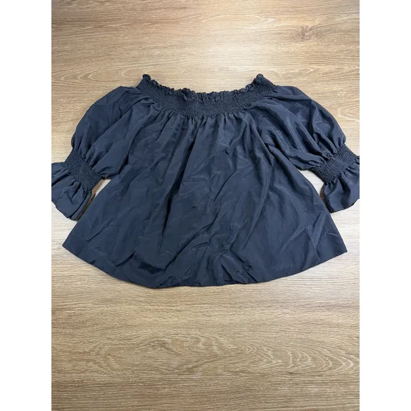 7 For All Mankind Blouse Womens M Black Silk Cotton Off Shoulder Peasant Boho - Image 2
