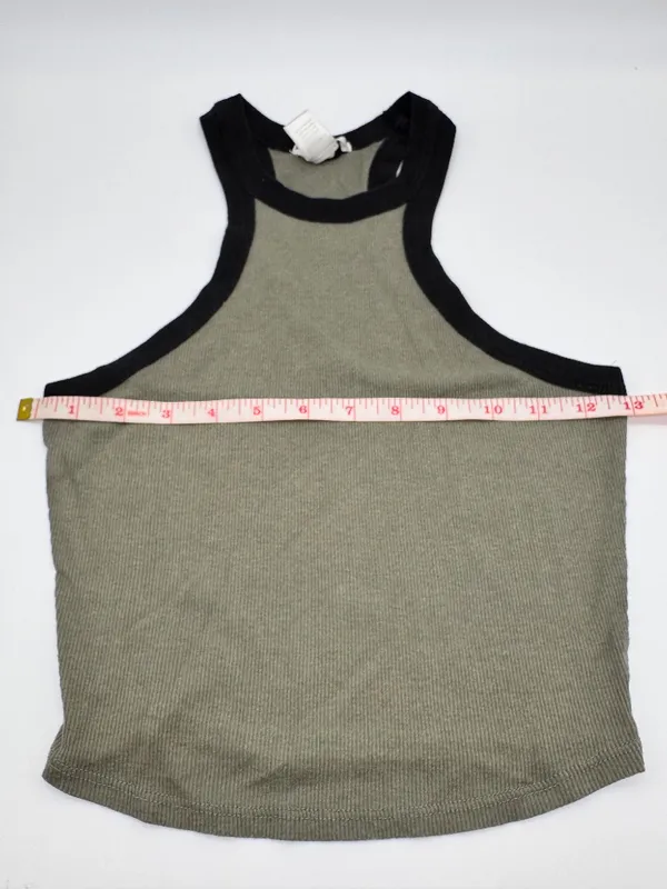 Bozzolo Ribbed Halter Tank Top Olive Green Black Contrast Trim Crop Sleeveless Top Sz S - Image 4