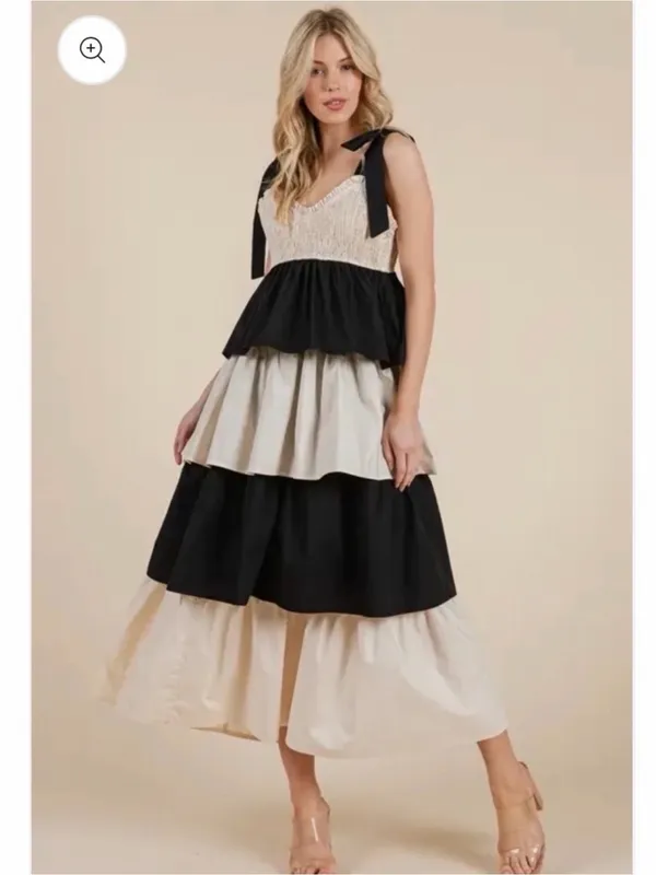 NEW LOVELO Smocked Tiered Maxi Dress Tie-Shoulder in Black and Cream MEDIUM - Image 2