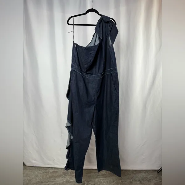 Eloquii One Shoulder Ruffle‎ Denim Jumpsuit in Blue Size 24 - Image 3