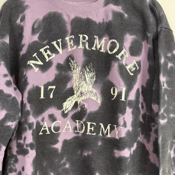 Goodie Two Sleeves Wednesday Nevermore Academy Tie‎ Dye Crewneck Sweatshirt Raven Gothic Medium - Image 2