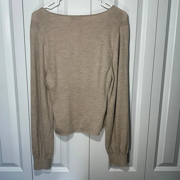 & Other Stories Sweater Womens L Beige Wool Cotton Sweetheart Puff Sleeve Knit - Image 5