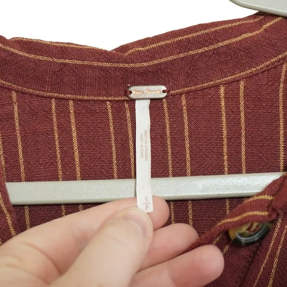 Free People Burgundy Pinstripe Belted Midi Shirt Dress Maroon‎ Academia Boho - Image 5