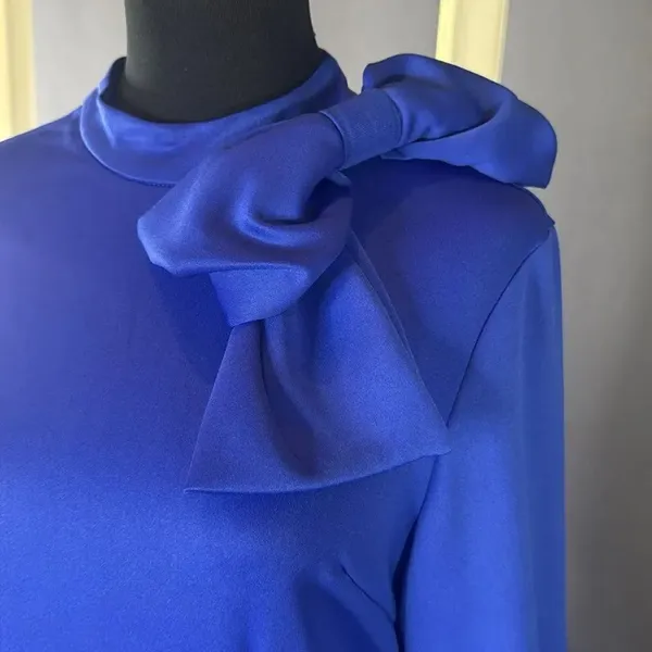 Women’s Blue Long Sleeve Midi Pencil Dress with Bow Detail Size M NEW - Image 2