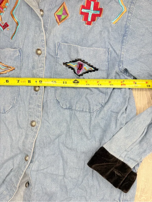 Vintage panhandler slim blue jean denim embroidered western button shirt lg - Image 5