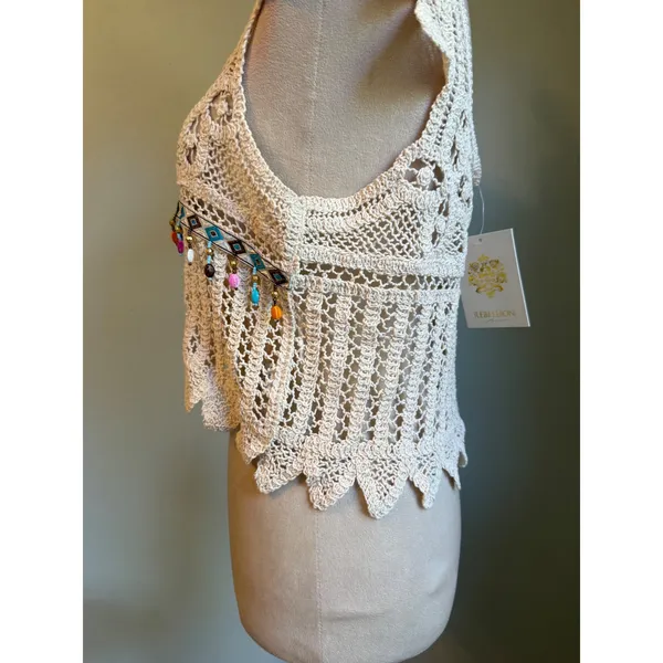 Rebellion Cream Crochet Crop Top festival Beaded Boho Festival Tank Large NWT y - Image 2