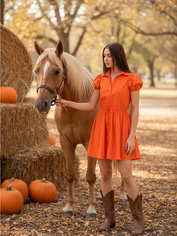 Deluc Gasus Orange Puff Sleeve Mini Shirt Dress Fall Autumn Size M - Image 2