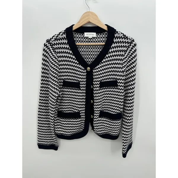 Free Assembly Womens Navy White Textured Knit Gold Button Cardigan Sweater M - Image 2