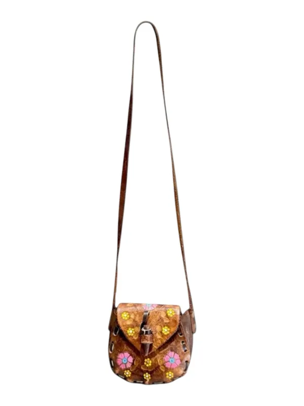 Vintage 70’s: OOAK Handpainted Hippie Flower ✌︎︎ Mini Handbag ✌︎︎ Saddle Leather - Image 7