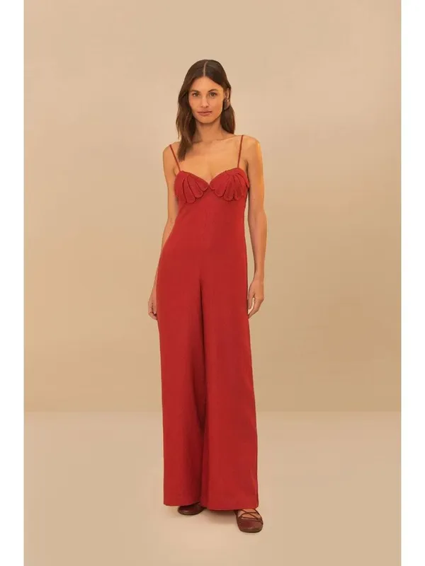 NWOT Farm Rio Red 3D Petals Bodice Euroflax Premium Linen Jumpsuit M Wide-Leg - Image 2