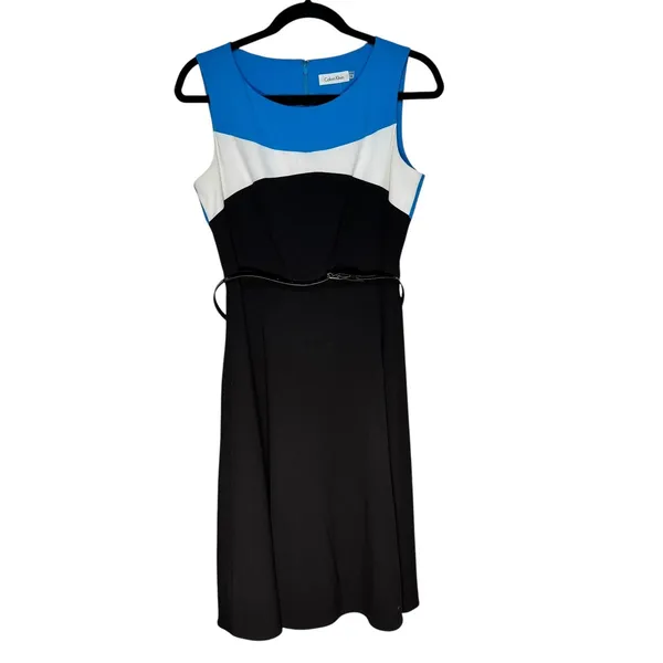 Calvin Klein Color Block‎ Sheath Dress Sleeveless Career Belted Blue Black - Image 8
