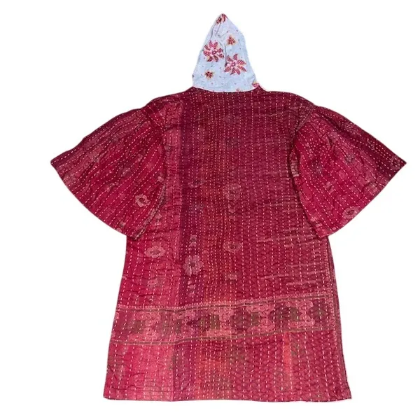 Unbranded Kantha Quilt Hooded Coat Patchwork Floral Toggle Jacket Red White OS - Image 4