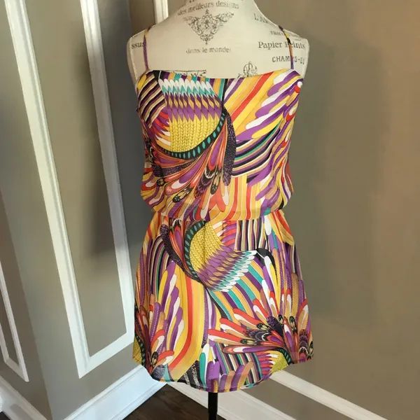 Groovy Multicolored Spaghetti Strap Short Dress with Cinched Waist Sz S - Image 3