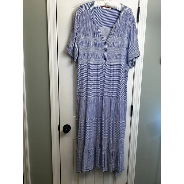 Cactus + Pearl XXL Blue White Striped Smocked Maxi Dress Rayon Boho Casual Coast - Image 2