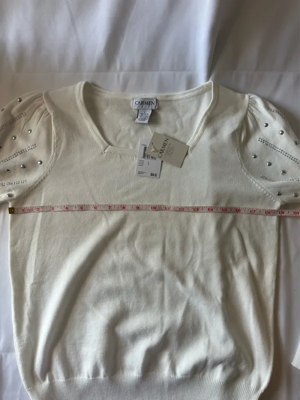 Carmen Marc Valvo Women's White Embellished Knit Square Neck Top Size L NWT - Image 5