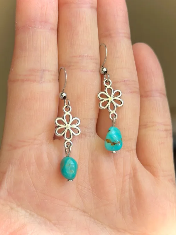 Handmade retro y2k fairy boho style flower turquoise dangle earrings🌀 - Image 5