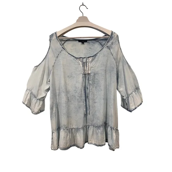 Signature Studio Chambray Cold Shoulder Ruffle Tunic Top Plus 1X - Image 2