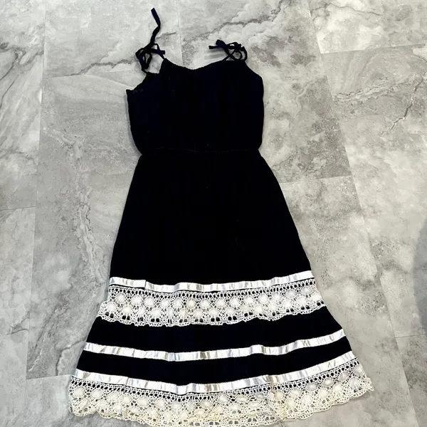 1970s True Vintage Navy Blue‎ Pleated Peasant Tank Tie Strap Dress Medium - Image 5