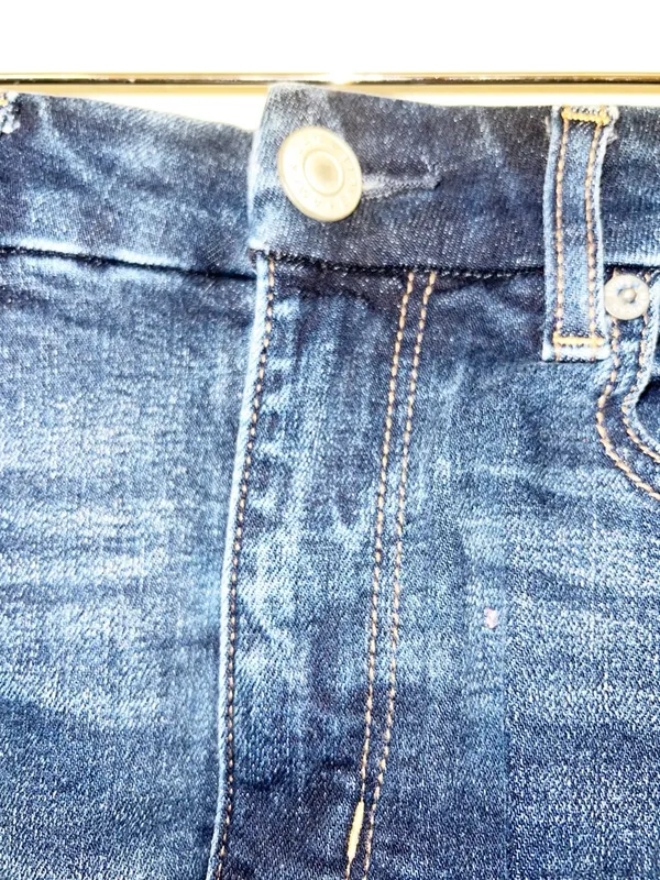American Eagle Dark Wash Blue Raw Hem Frayed Denim Hi-Rise Shortie Jean Shorts - Image 4
