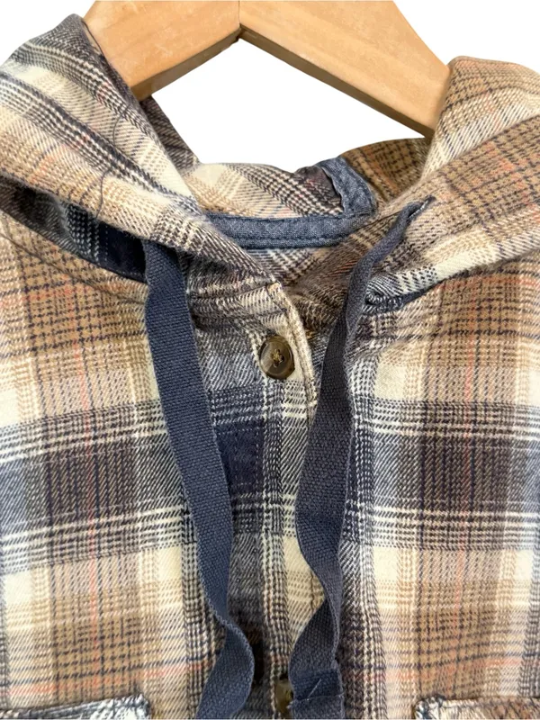 Carhartt Women’s L 12/14 Hooded Plaid Flannel Shirt Brown Blue Button Front - Image 2
