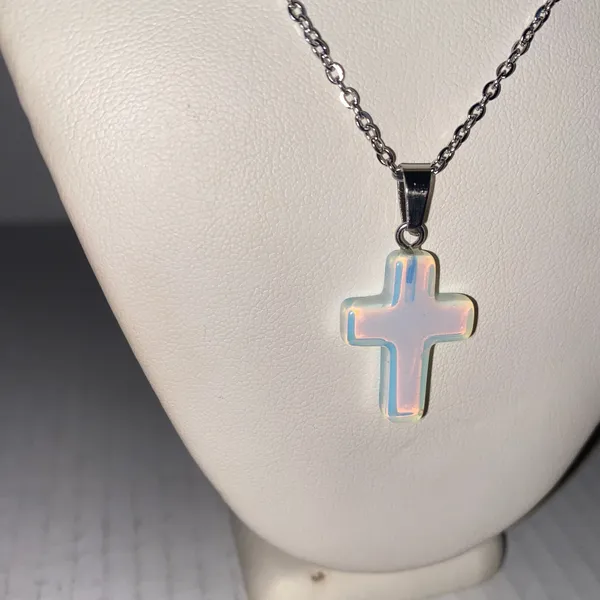Women's Faux Iridescent Opal Cross Silver-Tone Fashion Necklace - Image 4